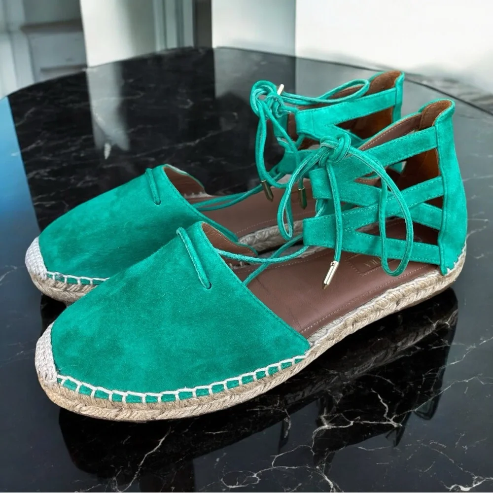 Aquazzura Firenze Green Suede Leather Belgravia Espadrilles Flats Sandals